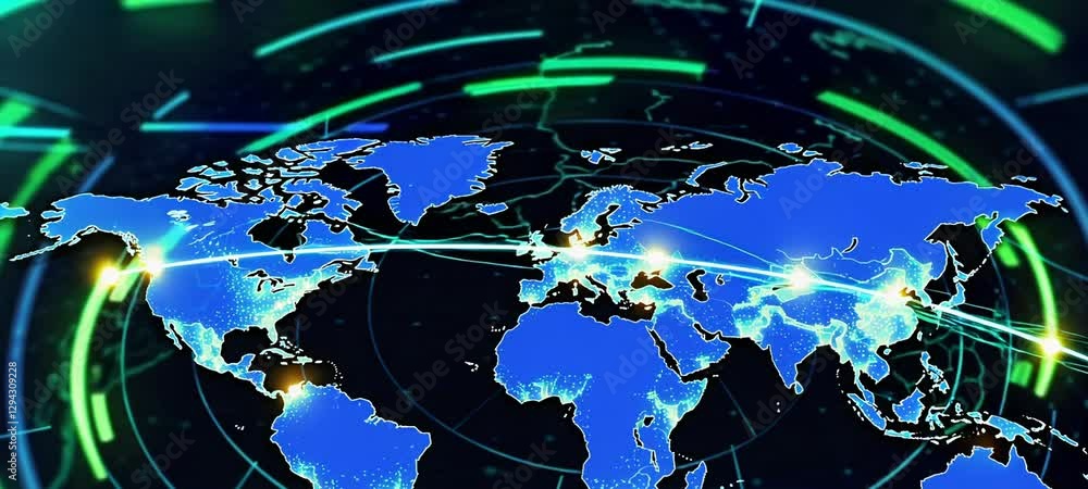 Poster global network connections on digital world map with dynamic data flow