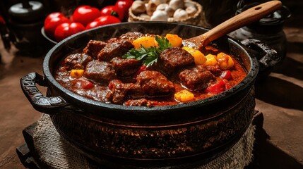 Steaming hot goulash cooking in a cast iron pot