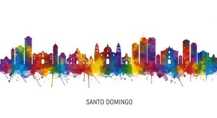 Obraz premium Vibrant watercolor skyline of santo domingo in rainbow colors