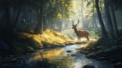 Majestic deer in sunlit forest stream.