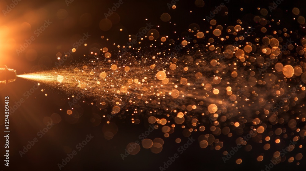 Aufkleber A stream of golden particles is released in a dark environment, creating a captivating effect as light rays highlight the sparkling mist during an art performance.