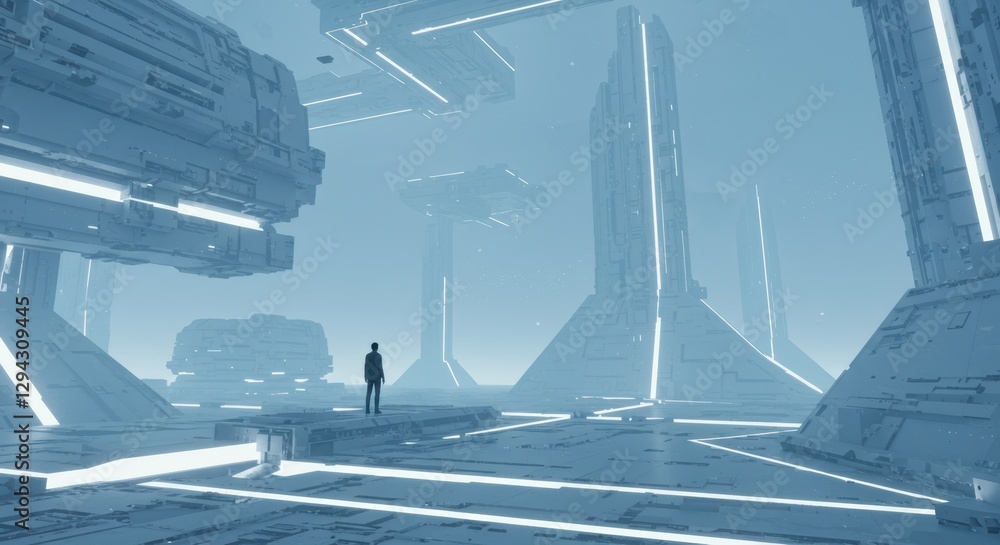 Poster futuristic cityscape with sci-fi architecture and glowing structures