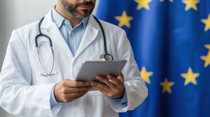 Medical Professional Holding Tablet with European Union Flag Background