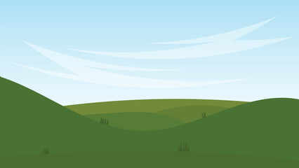 green field with grass on hill and blue sky background. nature landscape cartoon scene 