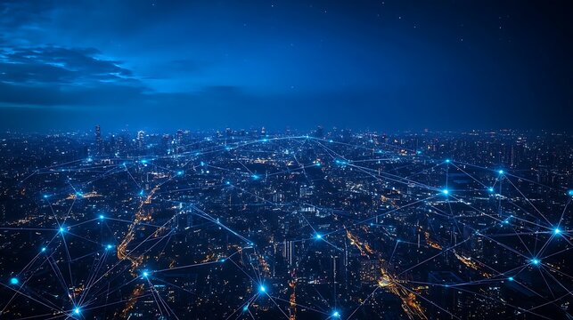Fototapeta Nighttime cityscape displaying connected network communication infrastructure around city