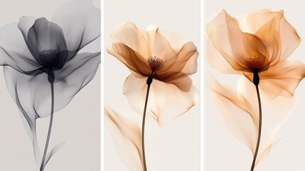 Elegant floral triptych of translucent poppy flowers in black brown and beige tones against a neutral background artistic botanical design