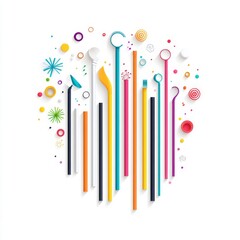 Colorful Abstract Art with Straws and Shapes on White Background