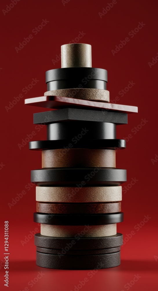 Poster stacked geometric shapes with diverse textures on red background for modern design