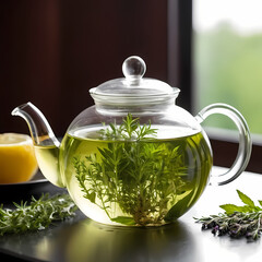 Glass teapot filled with herbal tea. Fresh green herbs float in clear liquid.