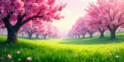 Fototapeta premium A picturesque springtime vista showcasing a vibrant meadow adorned with numerous blossoming pink trees, creating a serene and idyllic landscape.