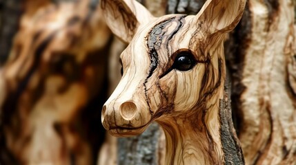 Naklejka premium Intricate Wooden Deer Sculpture: A Masterpiece of Craftsmanship