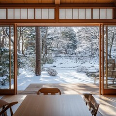 The view of a snowy garden framed by a wooden sliding door