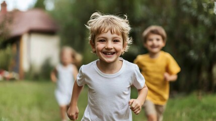 Fototapeta premium Excited Children Running Towards Their New Home