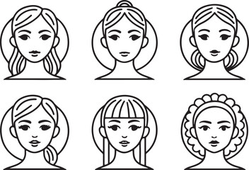 Female facial face editable flat stroke line art icon set. Outline of beauty type spa step. Vector illustration on a white background.