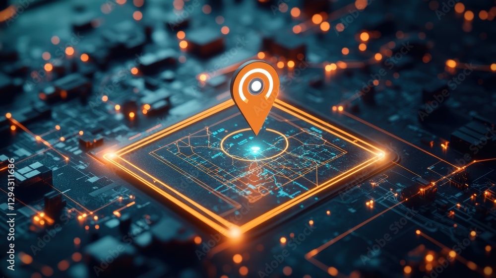 Poster map with a location pin and digital concept design featuring virtual bounce effects on a map