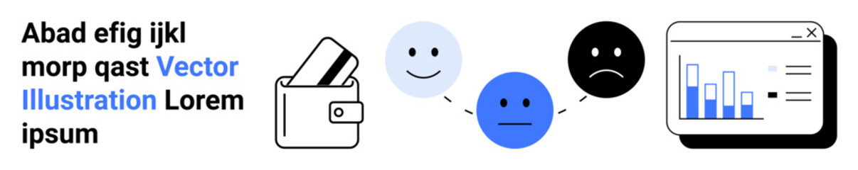 Wallet holding credit card, different colored emotions expressing emotions, and data chart displaying bar graphs. Ideal for finance, emotional expression, technology, data analysis, online services