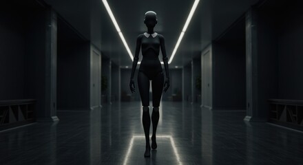 Obraz premium Silhouette of futuristic robot walking through minimalist corridor with dramatic lighting