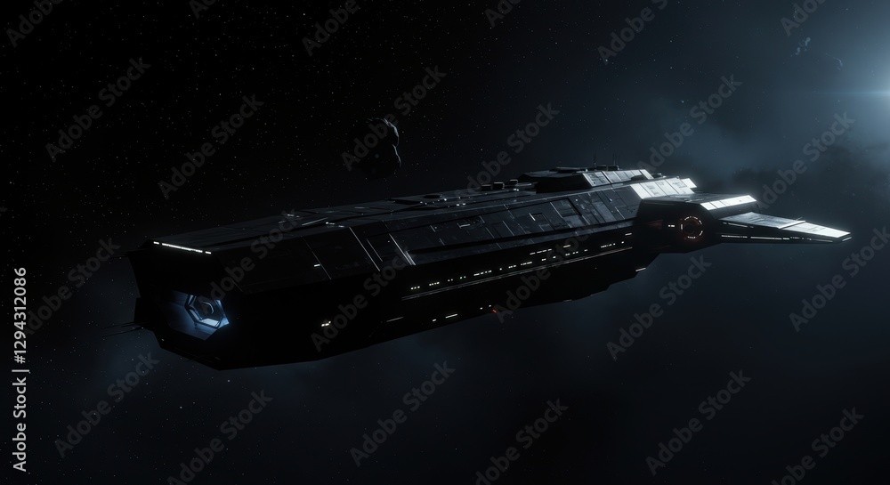 Poster futuristic spaceship gliding through deep space with asteroids and stars