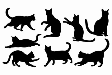 Cats black set, Cat silhouette set, black cats in different poses, Cat Illustration Vector Art & Graphics, Isolated on White Background