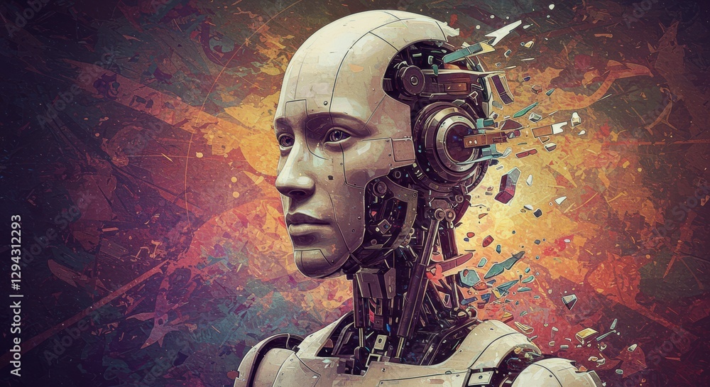 Poster futuristic robot with fragmented head illustrating ai intelligence in a digital art composition