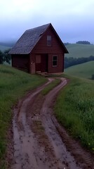 Obraz premium Hillside cabin, muddy path, rolling hills