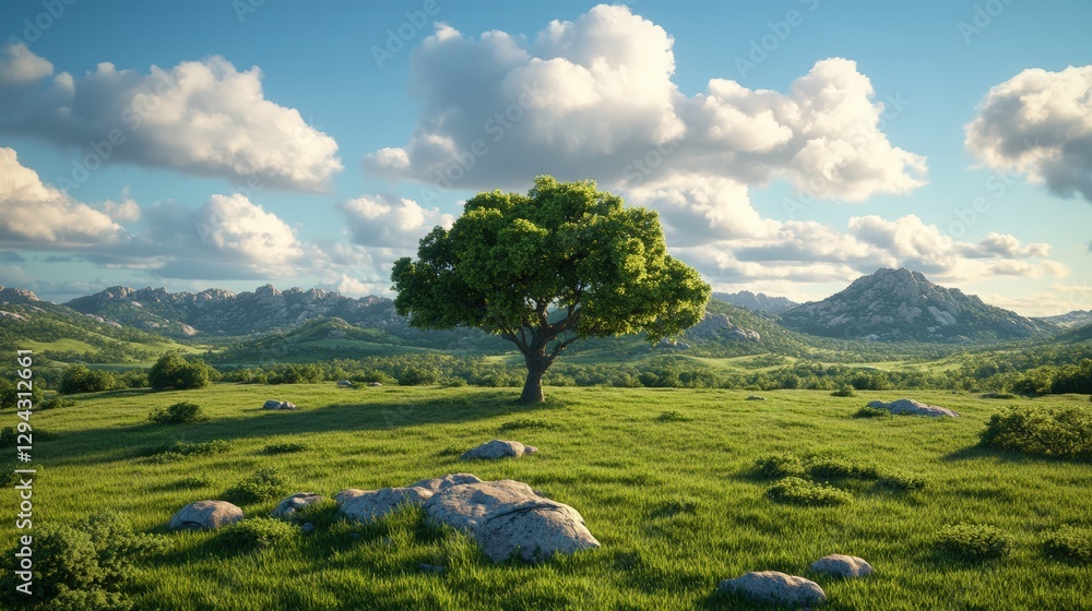 Poster tree in grassy field with mountains in background digital landscape high fidelity image