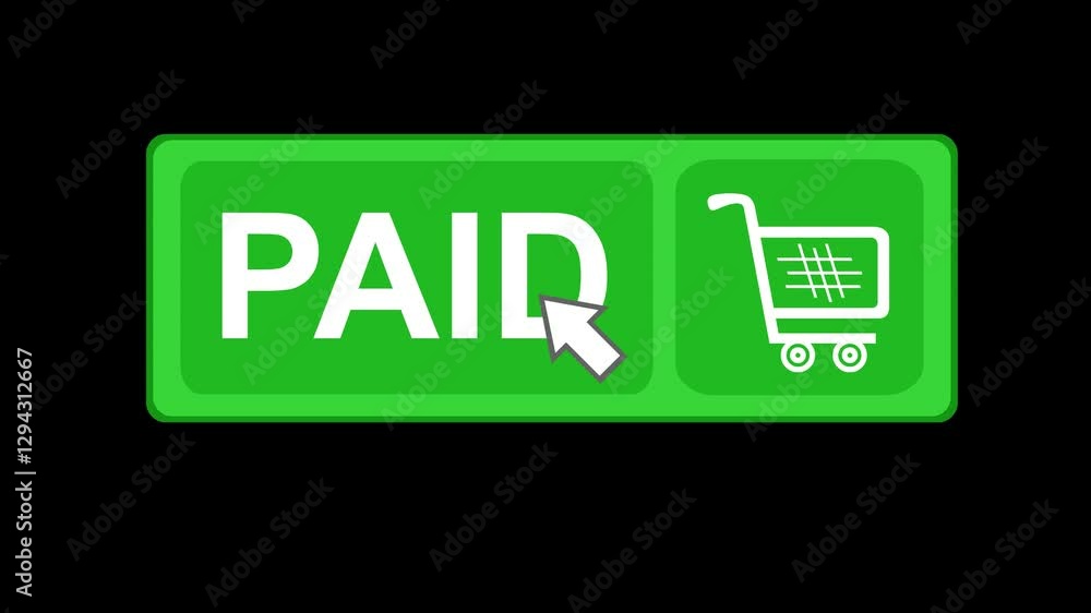 Poster video animation computer mouse cursor clicking on pay and paid button, on a transparent background w