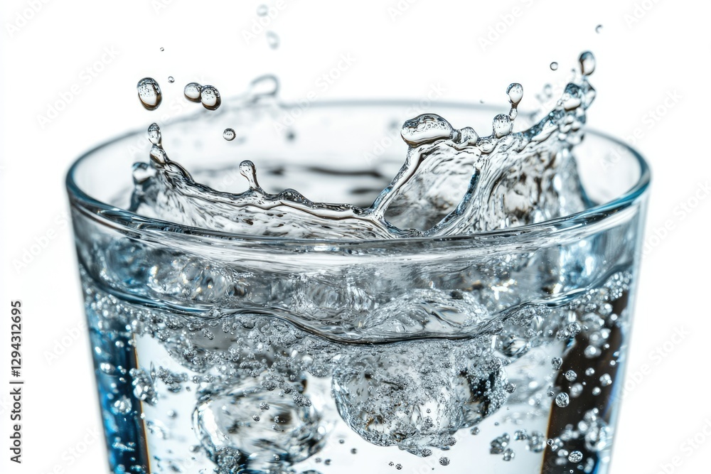 Poster water splashing into a glass, creating a dynamic, refreshing scene.