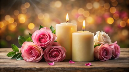 Romantic Pink Roses & Cream Candles - Elegant Birthday, Wedding, or Anniversary Stock Photo