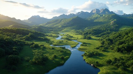 Fototapeta premium River flowing through a lush green valley with vibrant landscape and clear blue sky on a sunny day