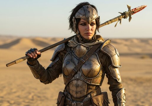Fierce female warrior in desert armor holding spear in sandy landscape