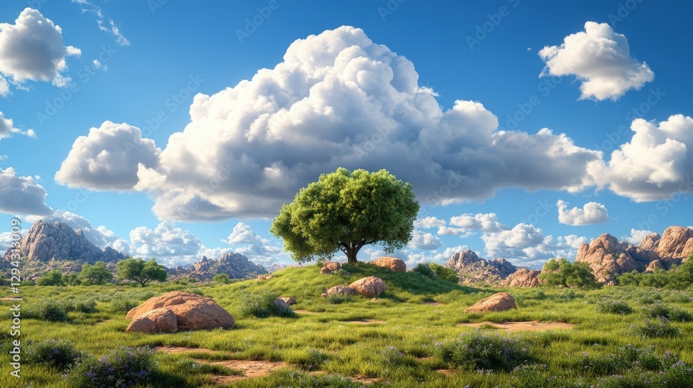 Poster tree in a field with digital landscape background showcasing speed and high fidelity detail