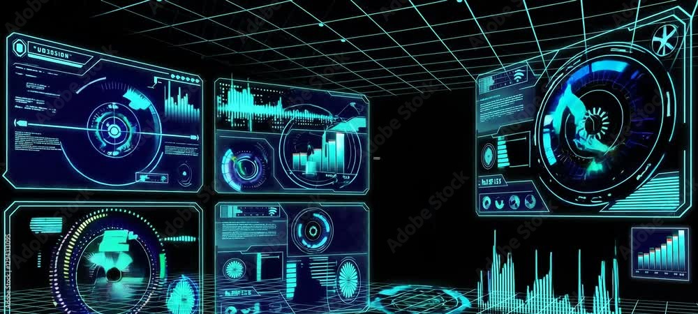 Poster futuristic digital interface animation showcasing interactive data visualizations in a neon virtual 