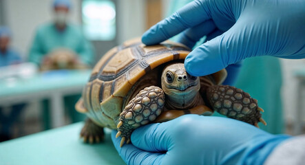 Close-up of gloved hands of veterinarian gently examining small rescued tortoise in veterinary clinic or animal hospital, ensuring its health and well-being, vets working behind. Saving small animals