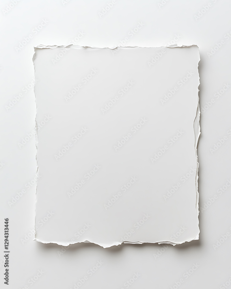 Poster torn edges on a solid white paper piece, with a pure white background, creating a minimal and elegan