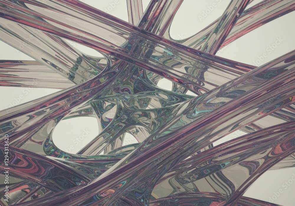 Poster abstract intricate metallic structure with interwoven tubes and dynamic reflections