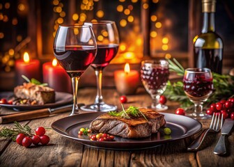 Romantic Steak Dinner: Delicious Grilled Steak, Red Wine, Elegant Table Setting