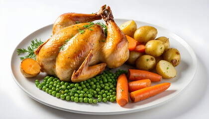 High-Angle View of Roast Chicken with Peas, Carrots, and Potatoes on a Plate