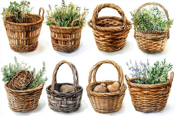 BOTANICAL ILLUSTRATION OF RUSTIC BASKETS AND DELICATE FEMININE BOWS ON A WHITE BACKGROUND