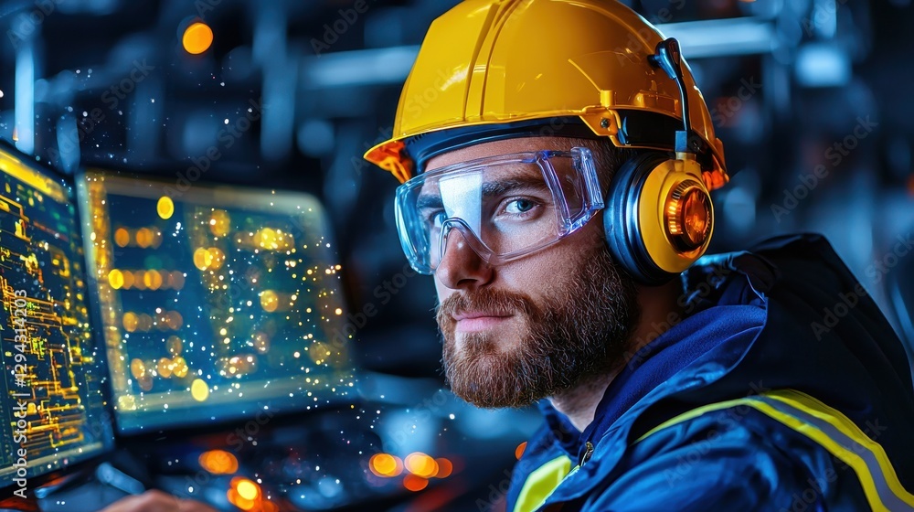 Poster hardhat wearing engineer closely examining control panel with various gauges and displays in a dimly