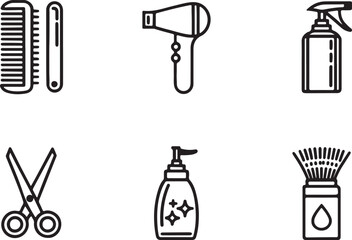 Hair care editable flat stroke line art icon set. Outline of hair dryer, spray battle, oil, scissors, trimmer and more. Vector illustration on a white background.