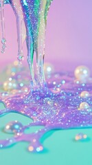 Iridescent liquid with glitter and pearls flows gracefully on a pastel gradient background