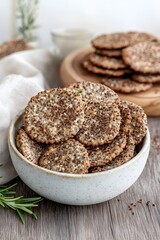 Delicious Homemade Flax Seed and Sesame Crackers in Bowl