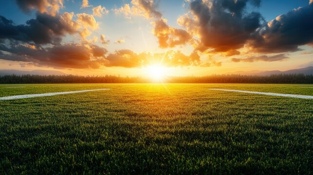 Football field with grass and road leading to the sun under a cloudy sky in an outdoor setting