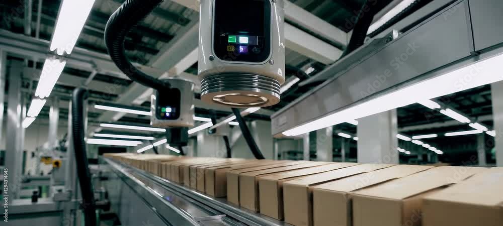 Poster automated conveyor system sorting boxes in a modern factory setting