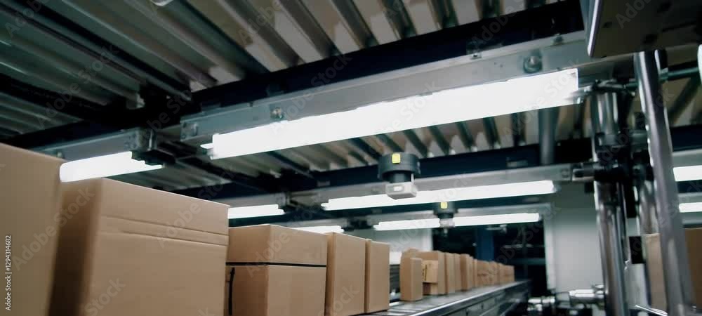 Poster automated conveyor system with cardboard boxes in motion at a distribution center