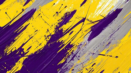 Vibrant yellow and deep purple paint splatters arranged into jagged shapes