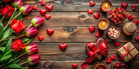 Romantic Valentine's Day Flat Lay:  Hearts, Candles, and Chocolate on a Wooden Table