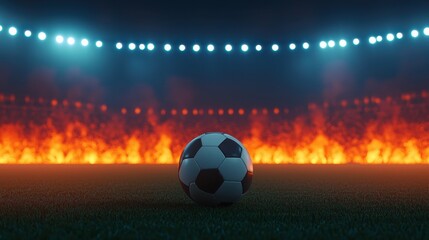 Fototapeta premium Soccer Ball on Field with Flames and Stadium Lights in Background