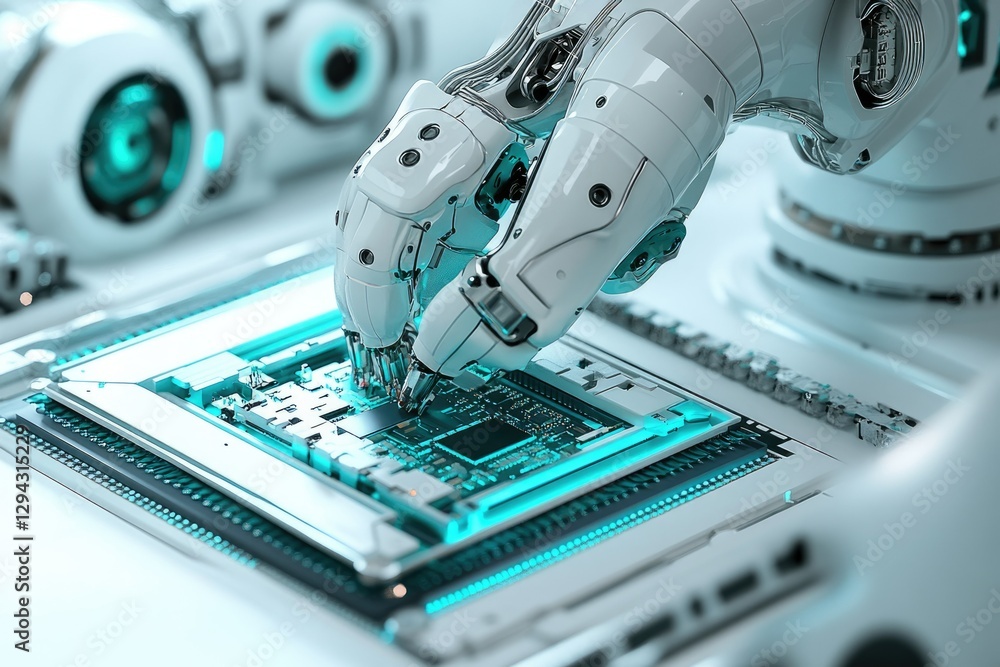 Aufkleber a robotic arm precisely places a microchip onto a circuit board, showcasing advanced automation in t